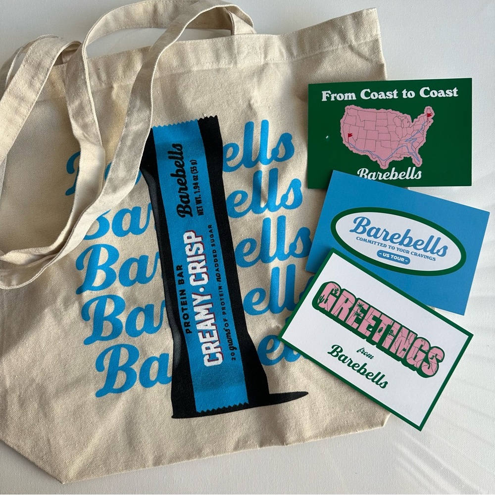 NEW Limited Edition Barebells Oversized Canvas Tote Bag In Cream + Postcards